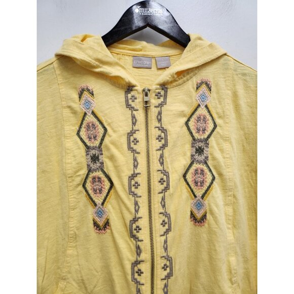 Chicos Zenergy Womens BOHO Hoodie Medium Yellow Full Zip Embroidered Coastal - Picture 2 of 8